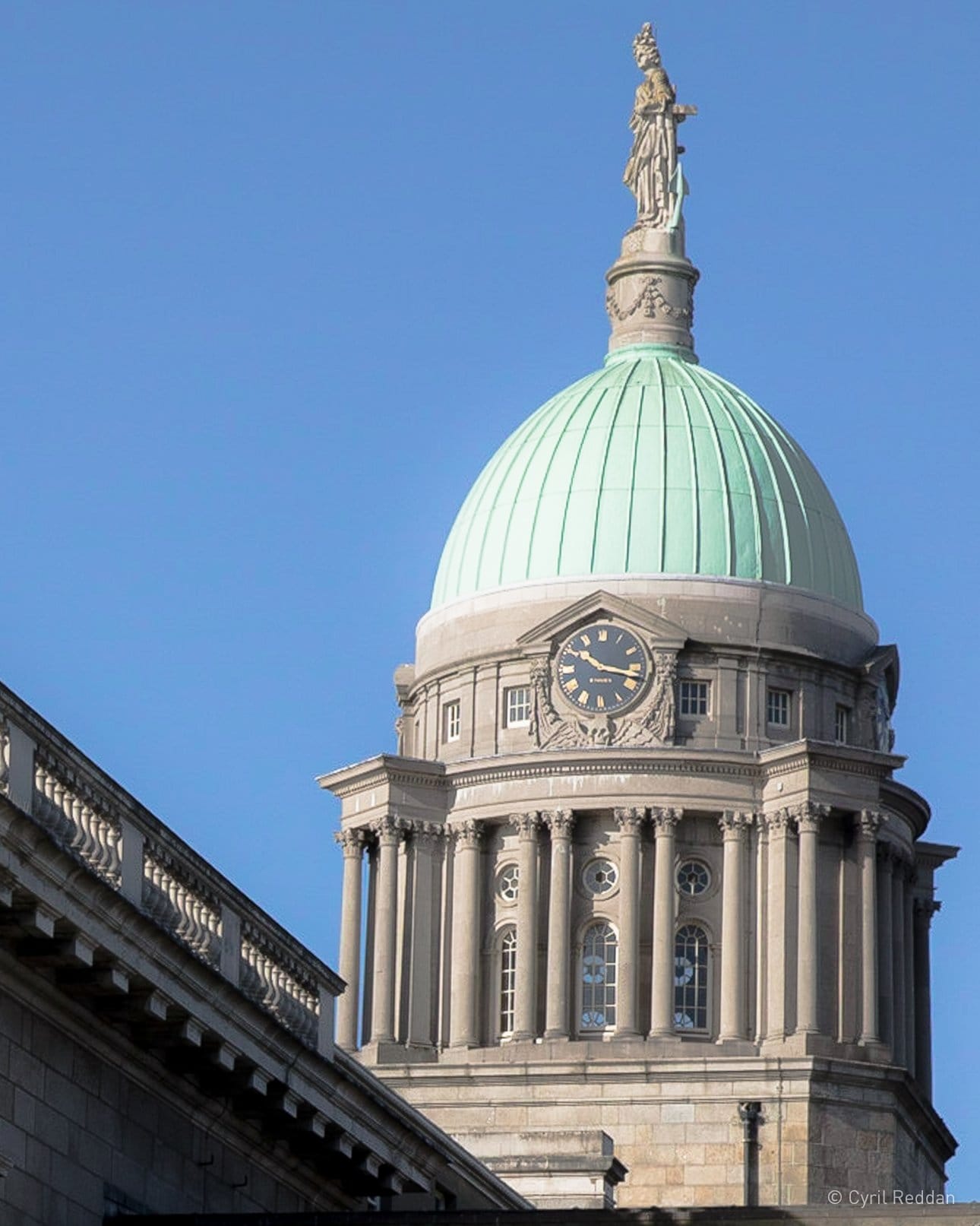 Photograph of restored stonework and statues on the Dublin Custom House