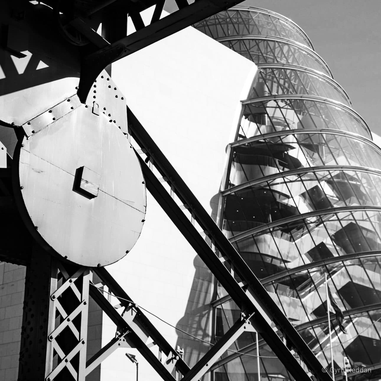 Black and white photo highlighting industrial construction of the Convention Centre Dublin