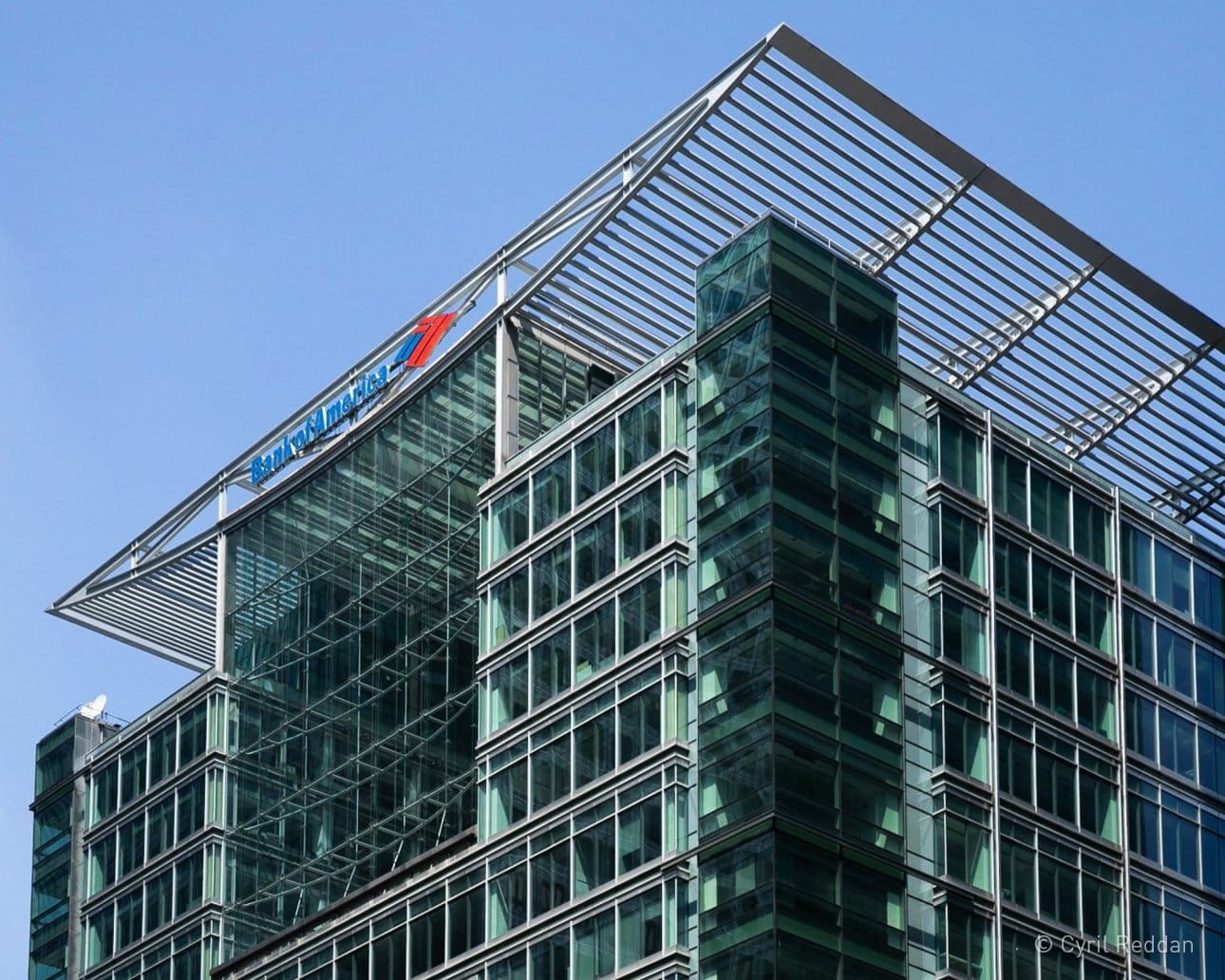 Closeup of the roof structure of the Bank of America Merrill building