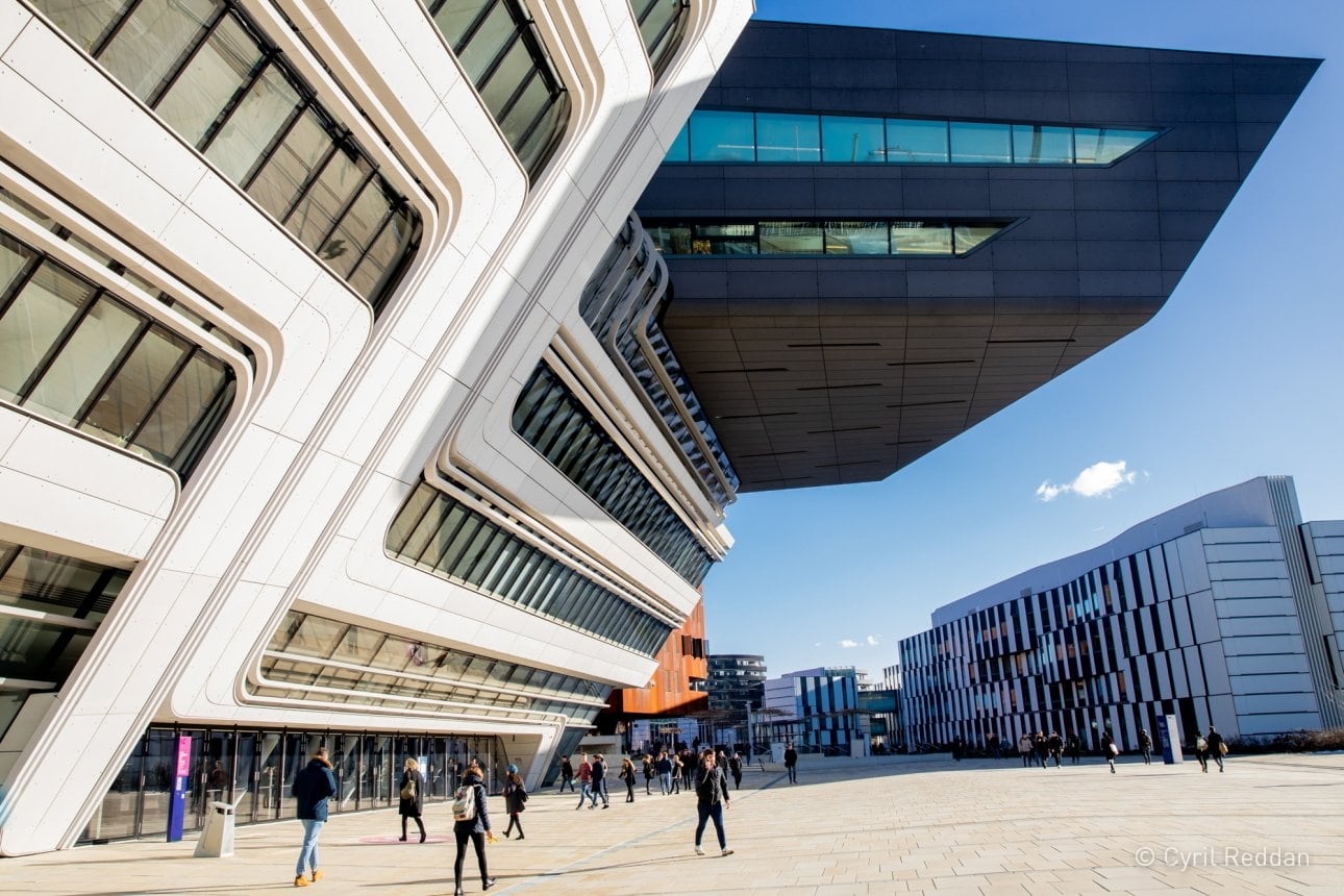 Impressive photo of the cantilever reaching out over passers by