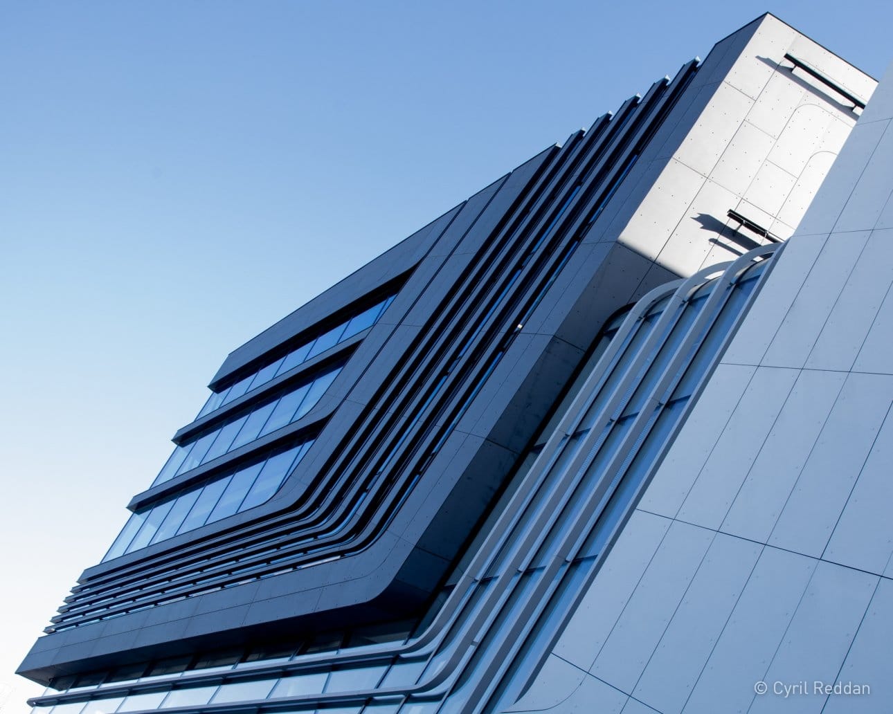 Exterior of building showing clean architectural design and modern construction materials